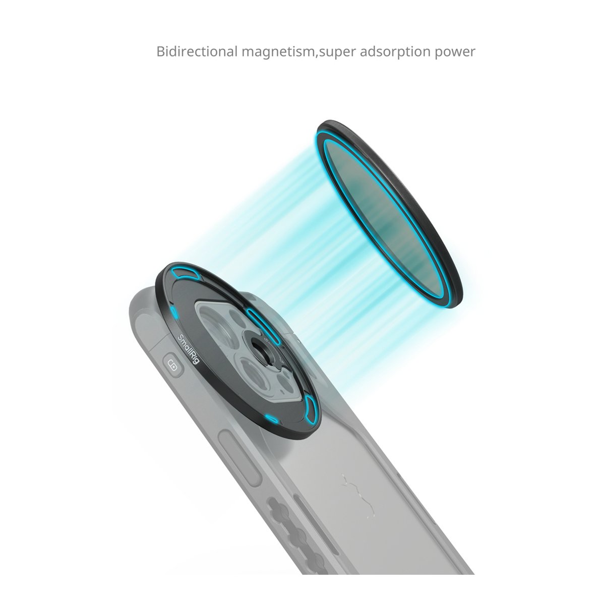 SmallRig 4727 Attachable CPL Filter mit M-Mount Filter Adapter 67 mm - Anwendungsbeispiel: Magnetischer Filteradapter wird an Smartphone-Hülle mit blauen Anziehungslinien befestigt.
