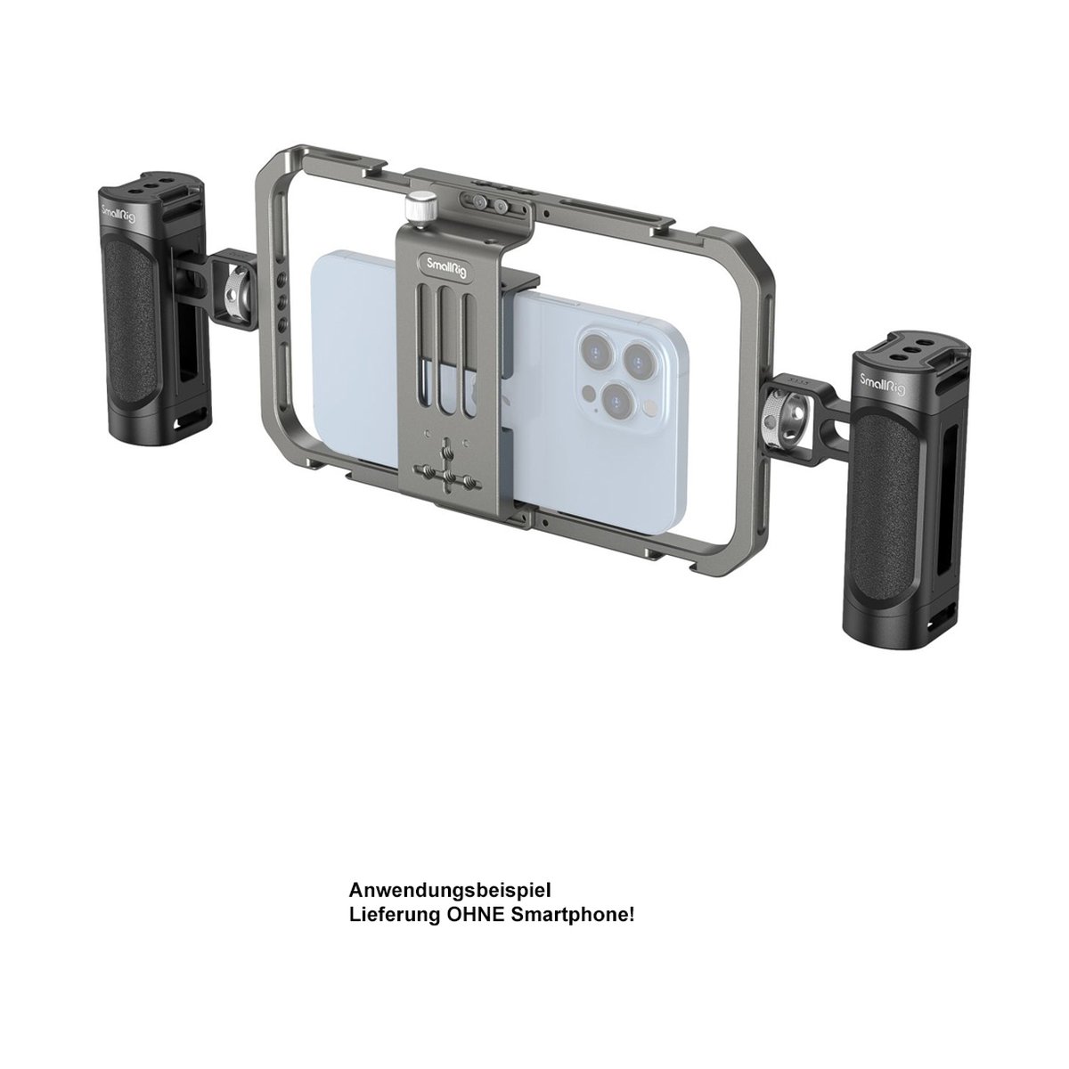 SmallRig 4121 All-in-One Video Kit Basic - Anwendungsbeispiel: Smartphone-Käfig mit Handgriffen, Frontansicht mit Smartphone