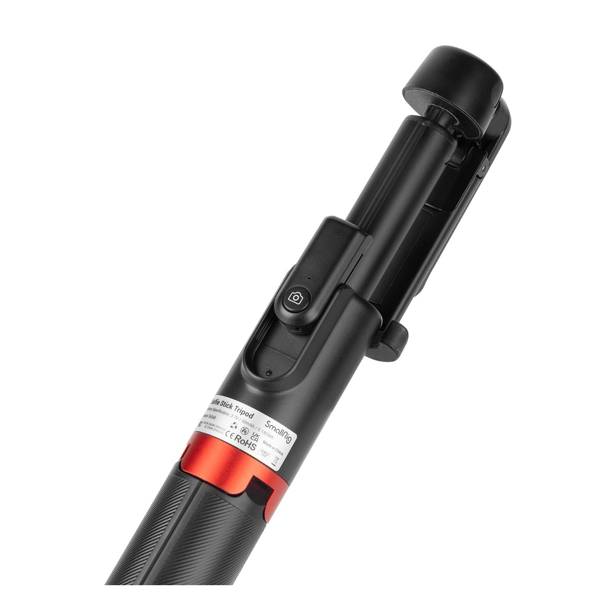 SmallRig 3636B Tragbares Selfie Stick Stativ ST20 Pro, schwarz - DETAILANSICHT: Auslöser und Produktetikett des Selfiesticks.
