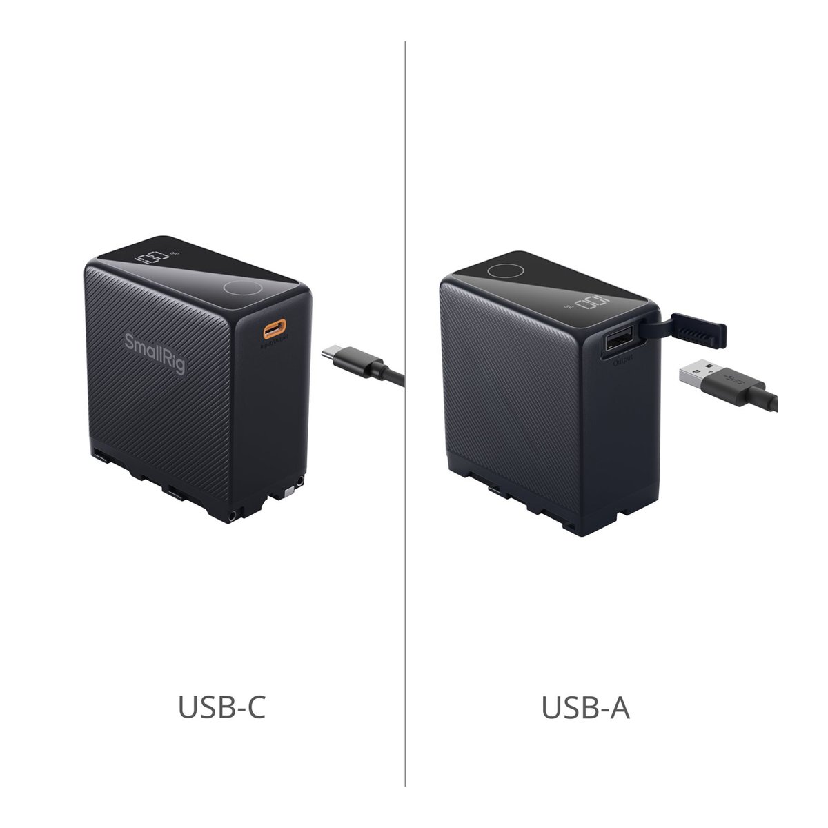 SmallRig 4469 NP-F970 Akku, schwarz, USB-C wiederaufladbar - Detailansicht SmallRig Powerbank: USB-C Input/Output und USB-A Output Anschlüsse mit Kabeln.