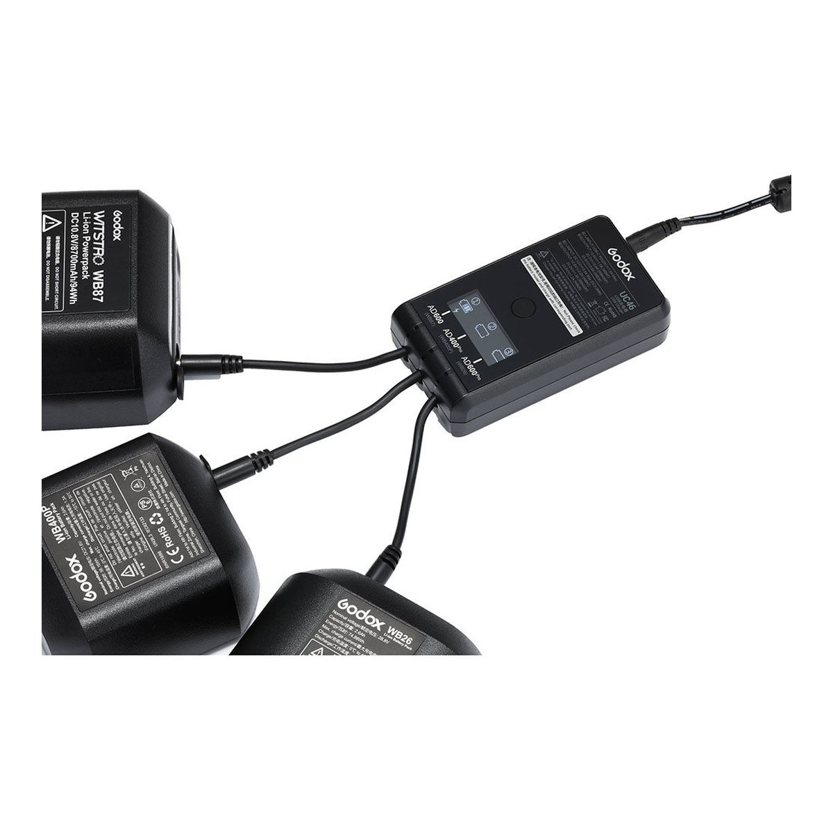 Godox Akku-Ladegerät AD600Pro, AD600B, AD400Pro - Godox UC1C Multi-Ladegerät lädt drei Godox Akkus: WB87, WB400P, WB26.