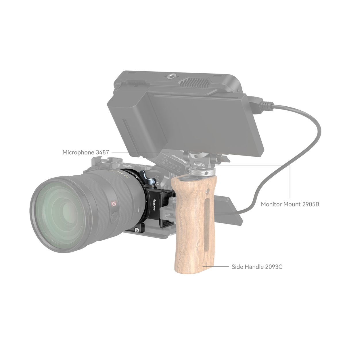 SmallRig 4424 Drehbare Horizontal- Vertikal-Montageplatte für Sony - Detailansicht des Kamera-Rigs mit Mikrofon, Monitorhalterung und Seitengriff.