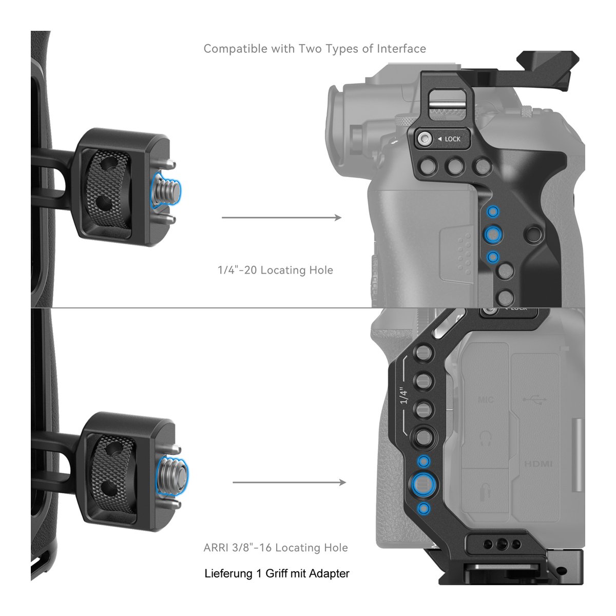 SmallRig 4346 Seitenhandgriff mit Two-in One Lokalisierungsschraube - Anwendungsbeispiel: Montage des Handgriffs an Kamerakäfigen mit 1/4"-20 und ARRI 3/8"-16 Befestigungslöchern.