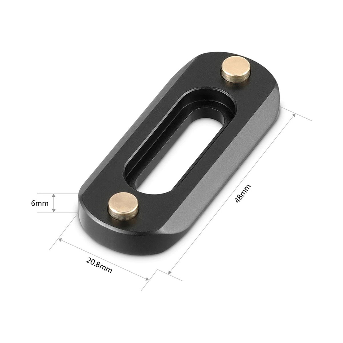 SmallRig 2172B Mini Quick Release Nato Rail (48 mm) - Dimensionsansicht eines schwarzen, länglichen Adapters mit ovalem Schlitz und goldfarbenen Befestigungen.