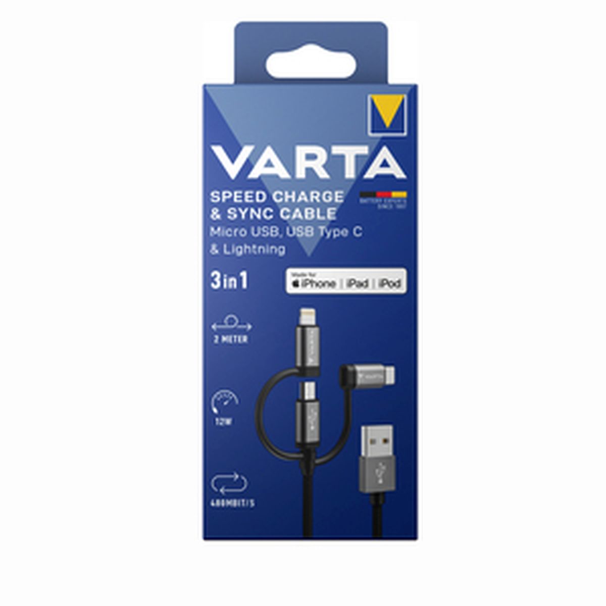 Varta Micro USB, USB Type C & Lightning Speed Charge & Sync Cable