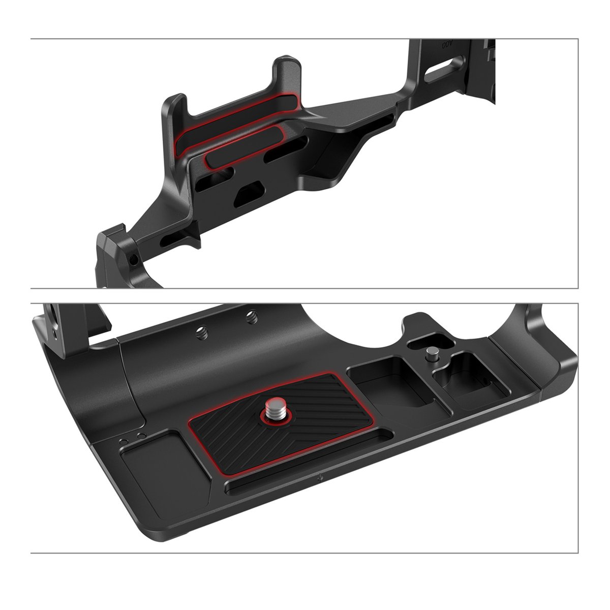 SmallRig 3195 Cage für Nikon Z9 - Detailansicht Oberseite und Bodenplatte eines schwarzen Kamera-Cages mit roten Akzenten und Montageschraube.
