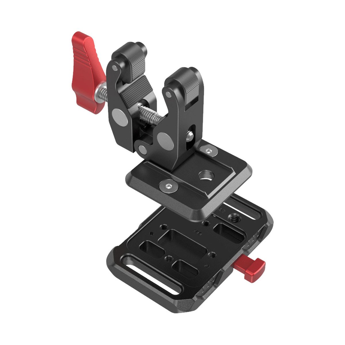 SmallRig 2989 Mini-V-Mount-Akkuadapter-Platte mit krabbenförmiger Klemme - DETAILANSICHT: Kameraklemme und Schnellwechselplatte getrennt.