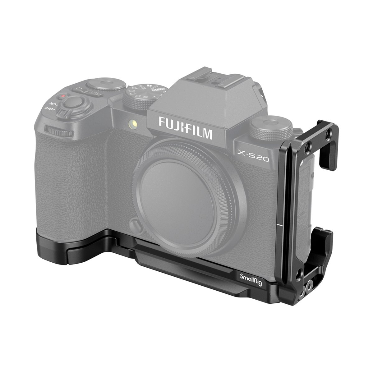 SmallRig 4231 L-Bracket für Fujifilm X-S20 - SmallRig L-Winkel für Fujifilm X-S20, an Kamera montiert. Ansicht von vorne-rechts.