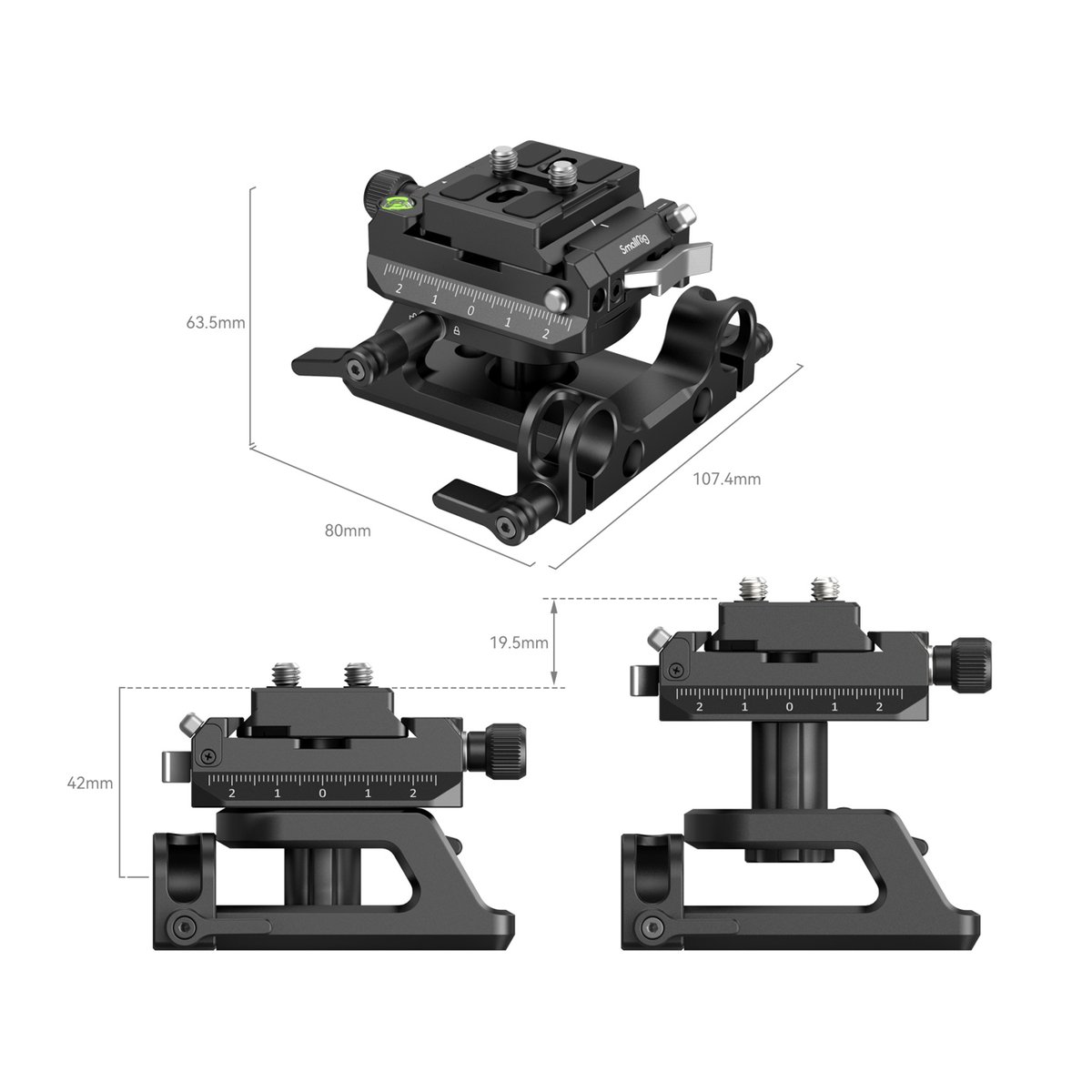 SmallRig 4233 Universal Arca-Swiss höhenverstellbares Montageplatten-Kit - Maßzeichnungen des SmallRig-Kamerazubehörs aus verschiedenen Ansichten