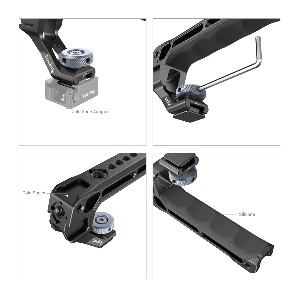 SmallRig 3764 Top Handle mit Cold Shoe Lite - DETAILÜBERSICHT des Kamera-Handgriffs: Cold Shoe Adapter, Montage, Cold Shoes & Silikongriff.