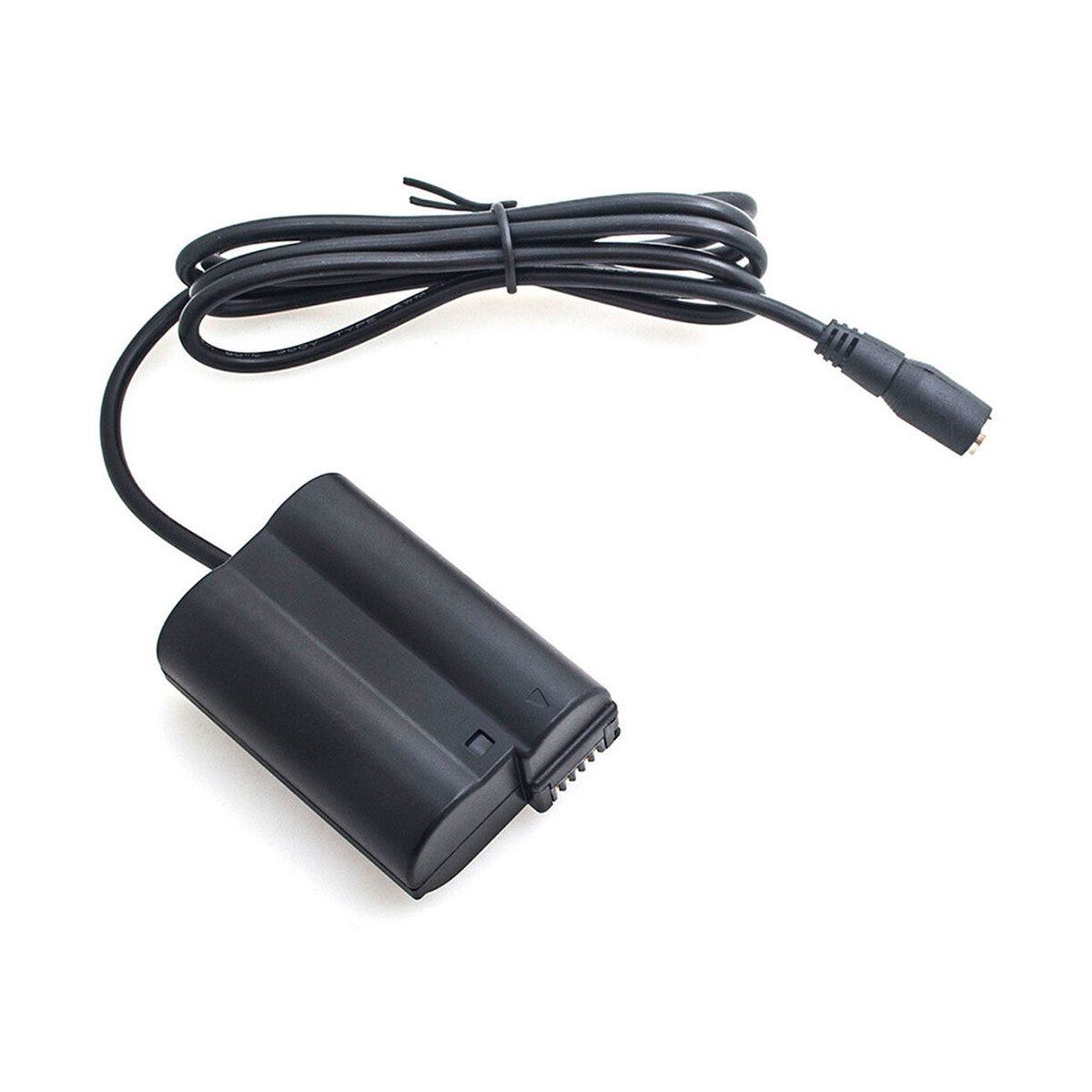 Caruba Nikon EN-EL15 Volldekodierung Dummy-Akku (gerades Kabel) - Schwarzer Dummy-Akku mit angeschlossenem Kabel und Hohlstecker.