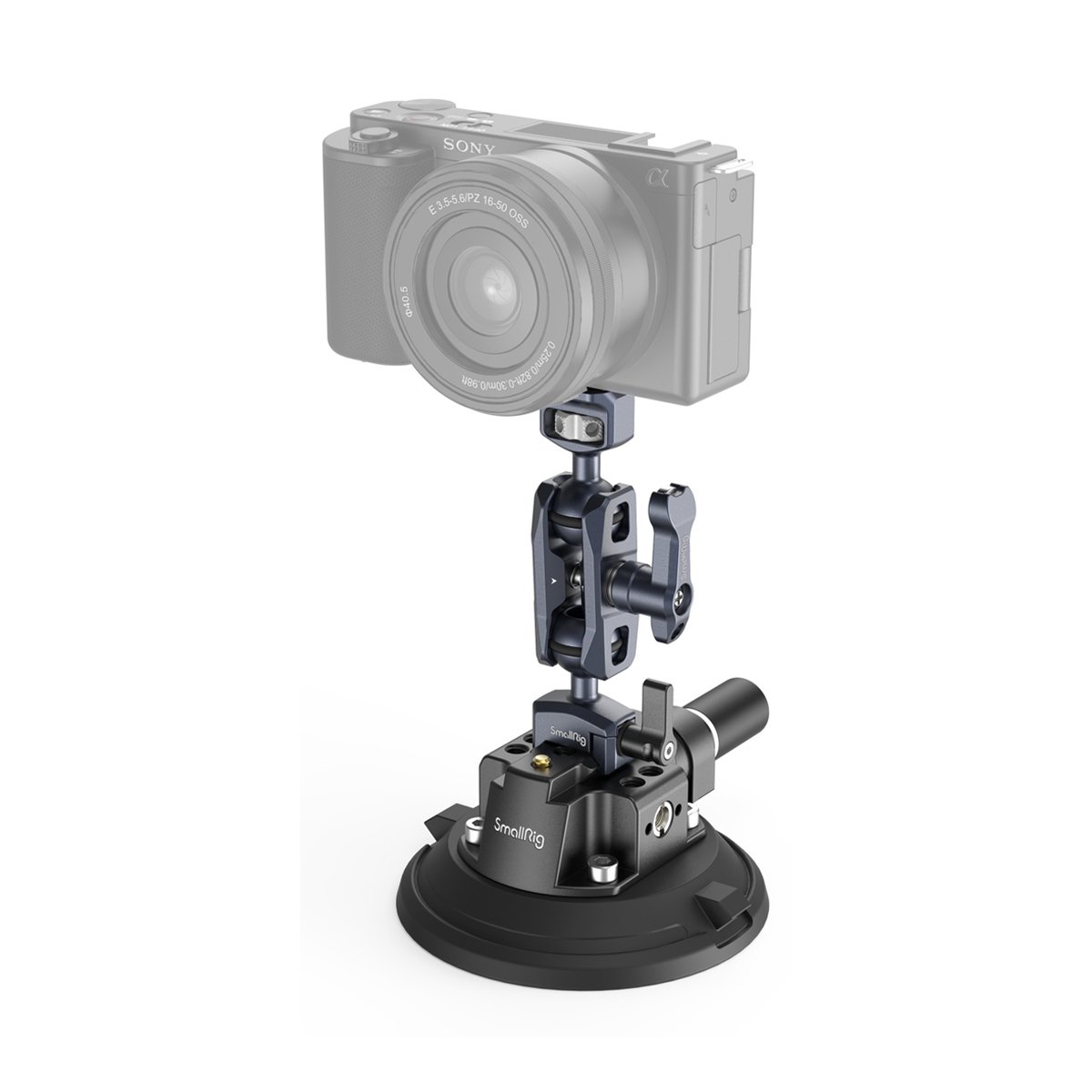 SmallRig 4236B 4" Saugnapf-Kamerahalterungsset für Fahrzeugaufnahmen - Anwendungsbeispiel: Kamera auf SmallRig Saugnapfhalterung mit Magic Arm.