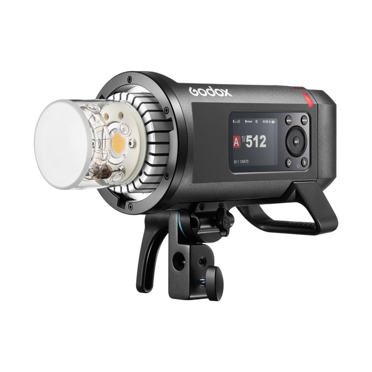 Godox Witstro AD600Pro II - Dreiviertelansicht des Godox Blitzgeräts mit LED-Lampe, Display und Halterung.