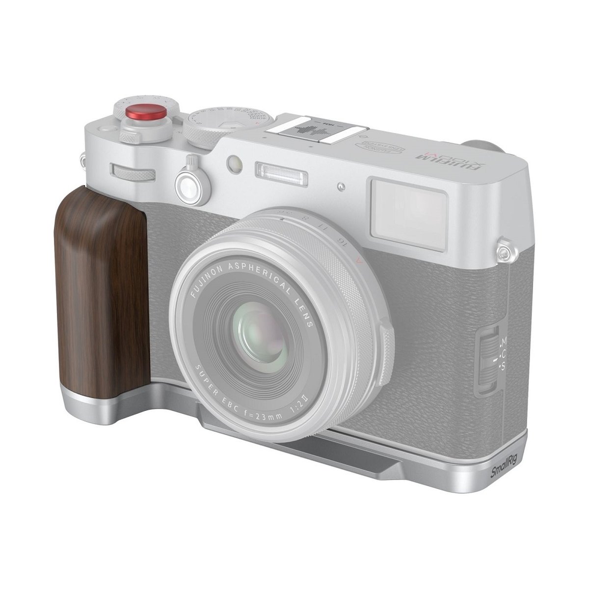 SmallRig 4804 L-förmiger Holzgriff für Fujifilm X100VI und X100V (Sliver) - Kamera mit Holzgriff und SmallRig Bodenplatte, 3/4-Ansicht.