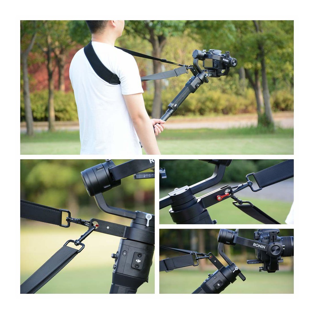 Caruba Gewichtsentlastungsriemen + Gimbal-Klemme für Ronin S - Anwendungsbeispiel des Schultergurts für Gimbal mit Detailansichten der Befestigung