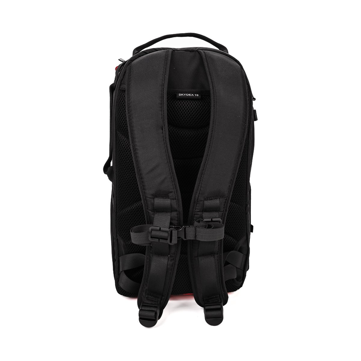 Caruba Skydex 10 - Rückansicht des schwarzen Rucksacks mit gepolsterten Schultergurten, belüfteter Rückenpartie und SKYDEK 10 Logo.