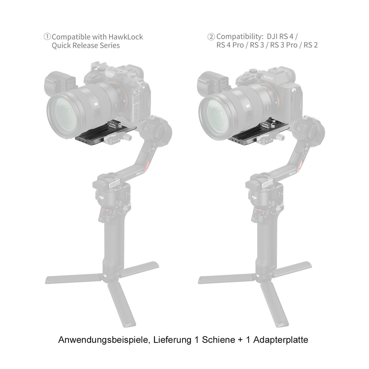 SmallRig 4638 HawkLock H38 Manfrotto QR-Plate für DJI Stabilisatoren - Anwendungsbeispiele der Schnellwechselplatte und -schiene an Kamera und Gimbal.