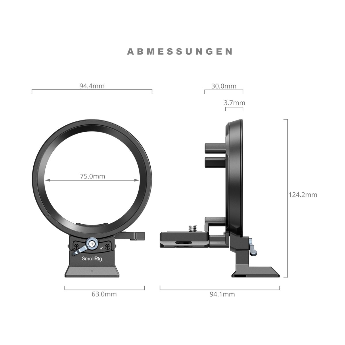 SmallRig 4702 Rotatable Horizontal-to- Ver.Mount Plate Kit f.Lumix S5II/X/G9 II - Abmessungen: Vorder- und Seitenansicht einer schwarzen Kamerahalterung mit allen Maßen SmallRig 4702 Rotatable Horizontal-to- Ver.Mount Plate Kit f.Lumix S5II/X/G9 II - Abmessungen: Vorder- und Seitenansicht einer schwarzen Kamerahalterung mit allen Maßen