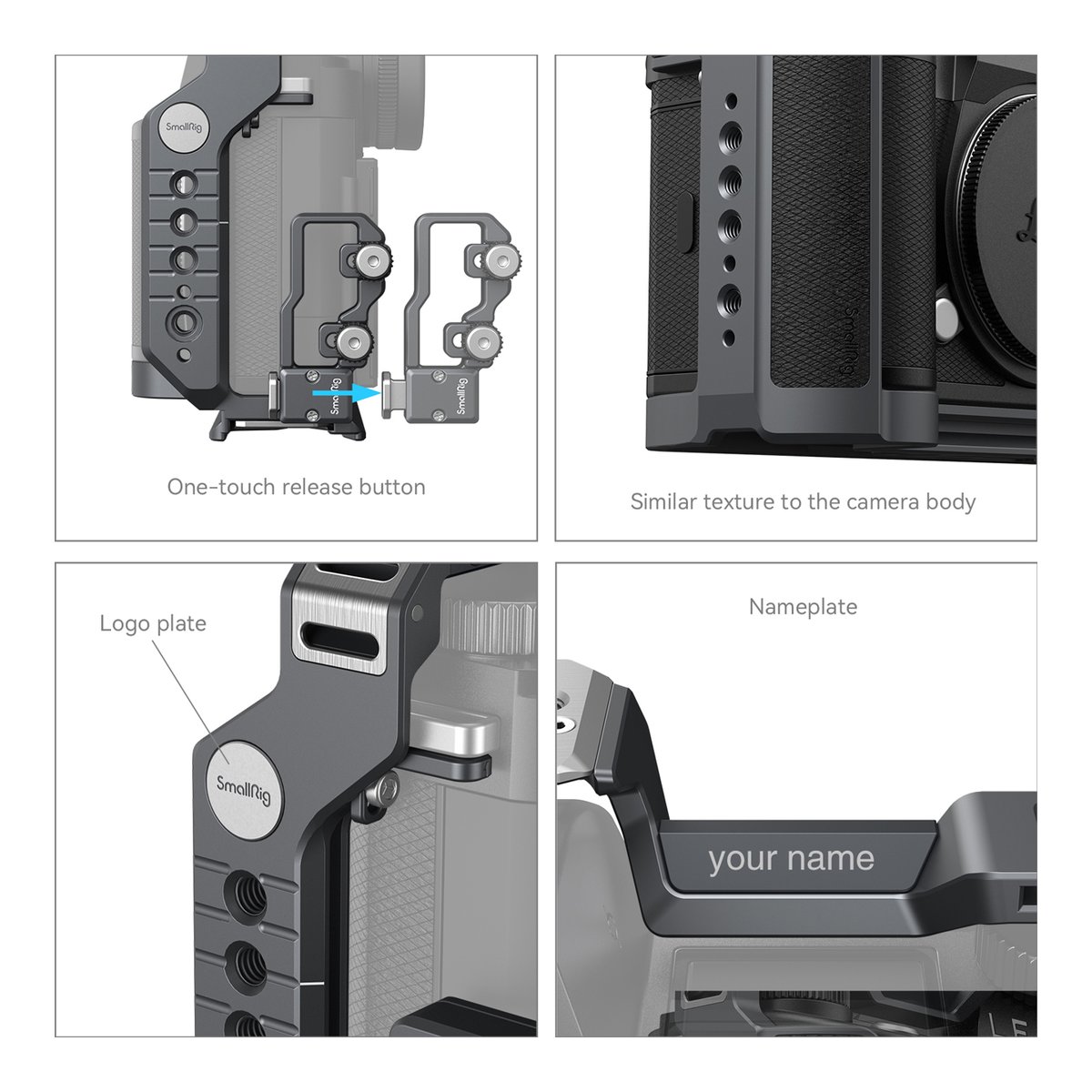 SmallRig 4510 Cage Kit for Leica SL3 - Detailansichten der Produktmerkmale: Schnellverschluss, Textur, Logo und Namensschild