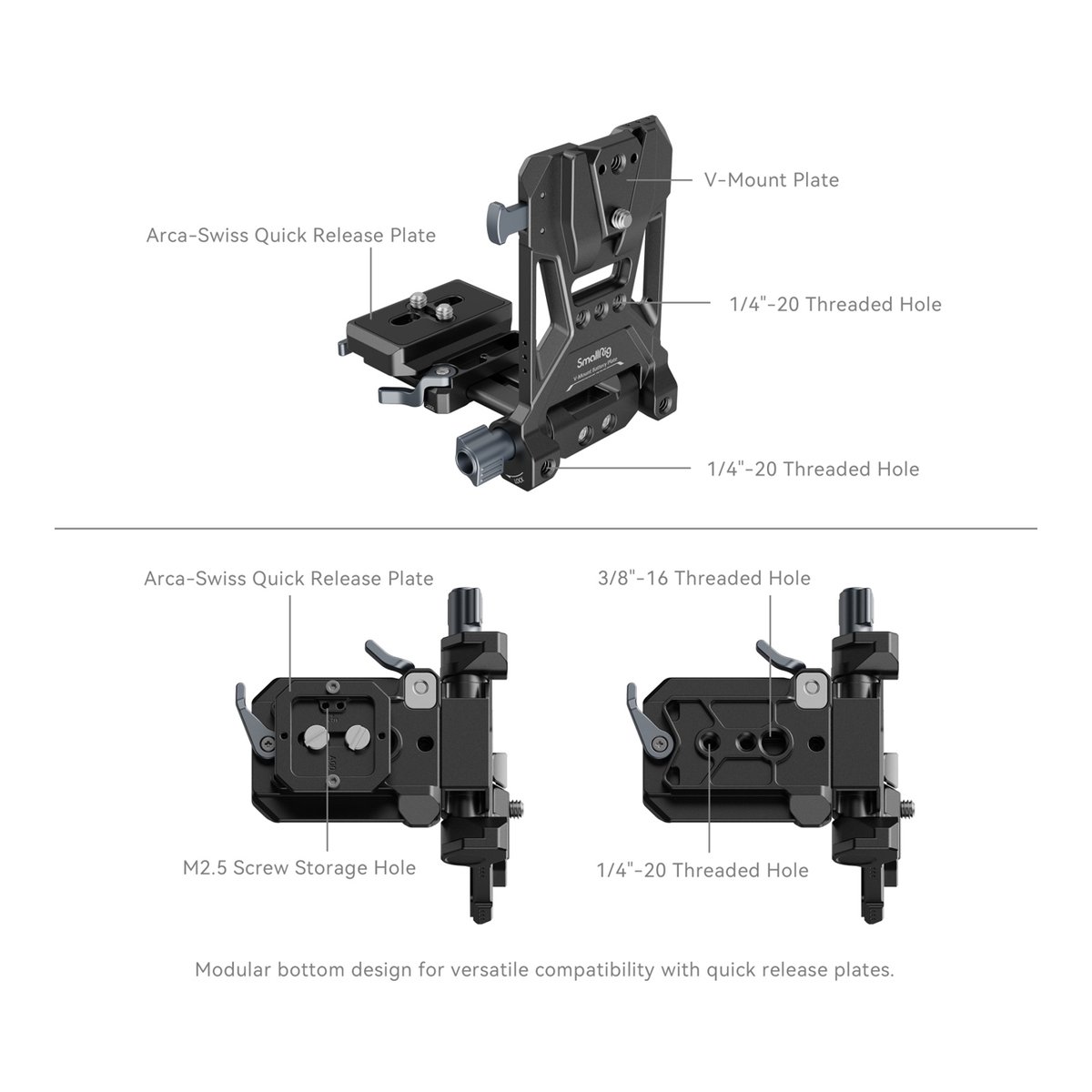 SmallRig 4064B Kompaktes V-Mount-Batterie Montagesystem - Technische Detailansicht der SmallRig V-Mount Adapterplatte mit Arca-Swiss Schnellwechselplatte und Gewindeoptionen