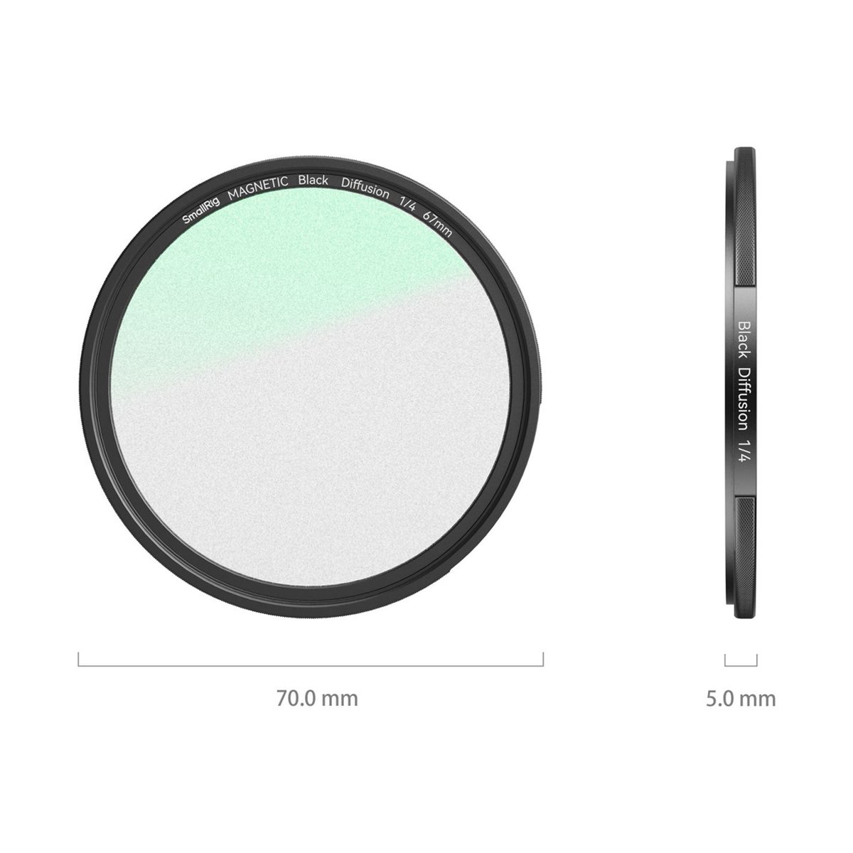 SmallRig 4583 Attachable 1/4 Effect Black Mist Filter 67 mm - Front- und Seitenansicht des SmallRig Magnet Black Diffusion 1/4 67mm Filters mit Maßen