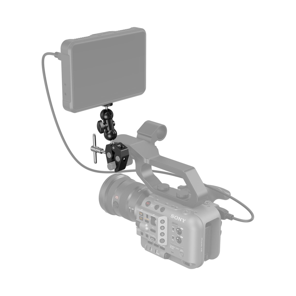 SmallRig 1138B Crab-Shaped Clamp Kit mit Ballhead Gelenkarm - Anwendungsbeispiel: Monitor an Kamera montiert mit Klemme und Gelenkarm