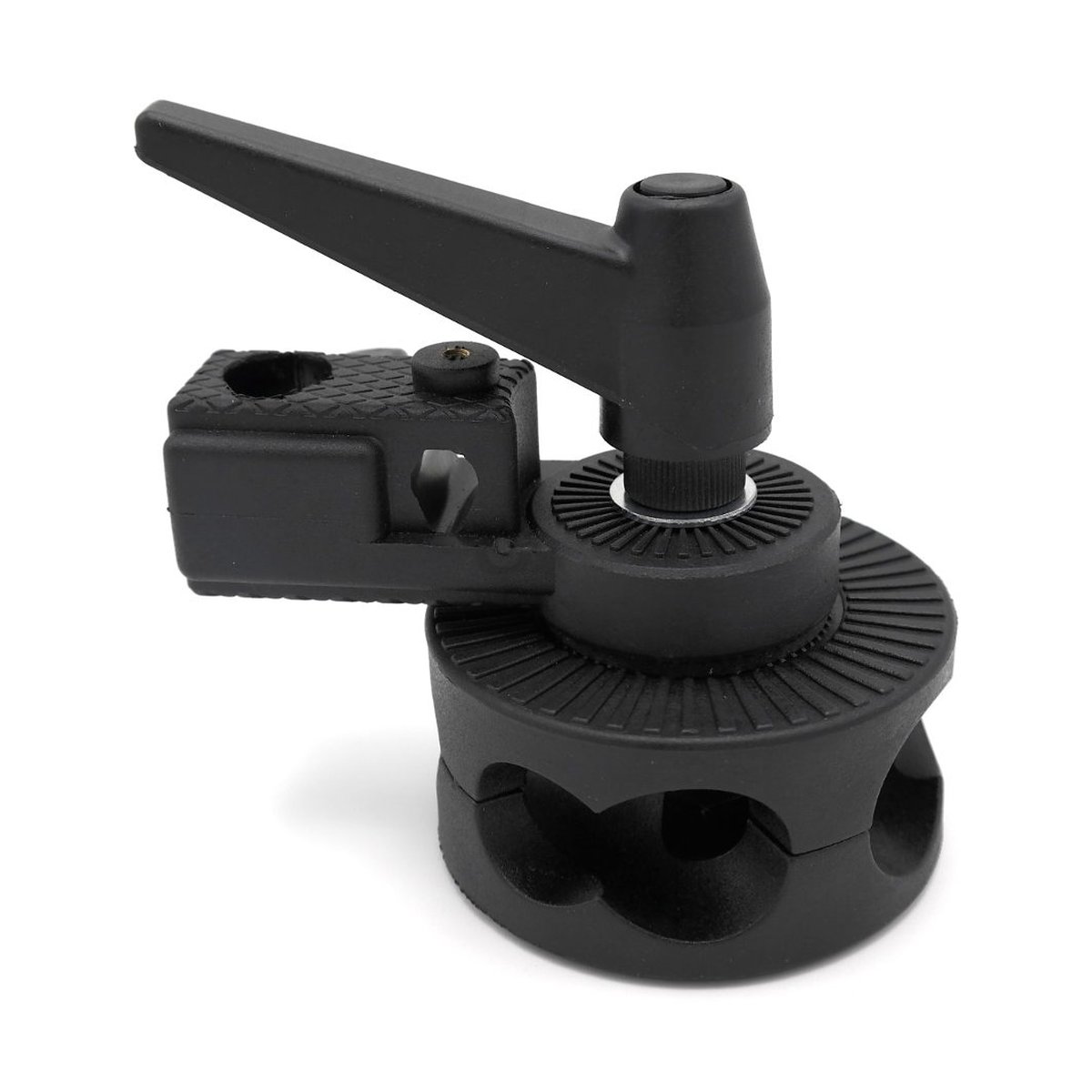 Caruba-Halterung für Reflektorarm (spigot > Arm) - Produktansicht schwarze Klemmhalterung mit Griff.
