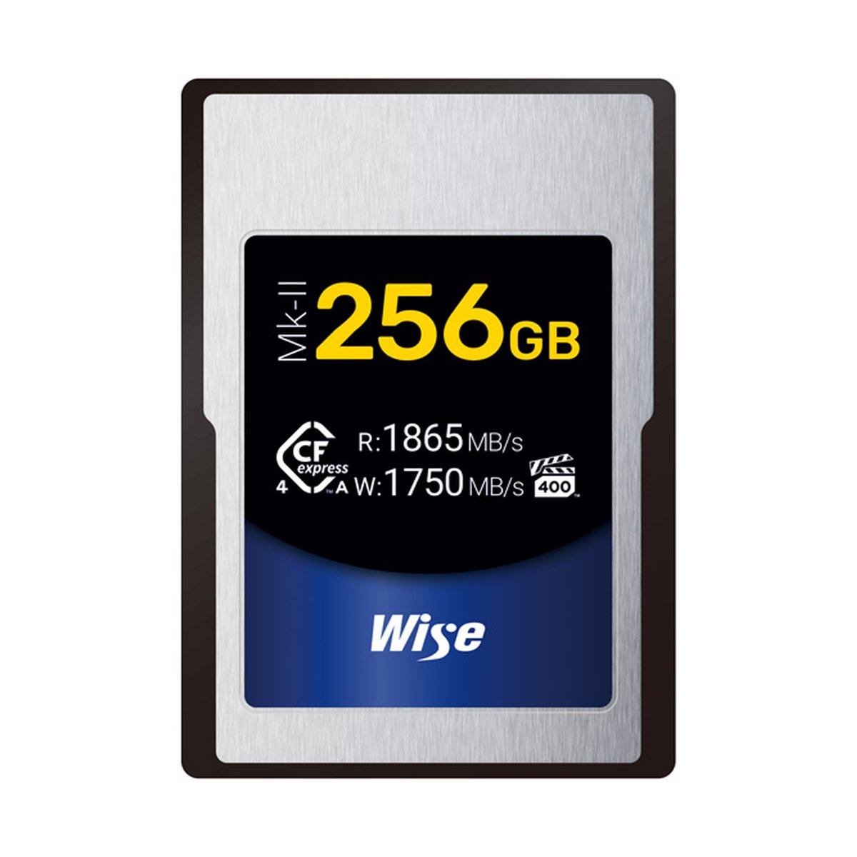 Wise 256GB CFexpress 4.0 Type A Mk-II Memory Card 1750 MB/s - Frontansicht: Wise CFexpress Typ B Mk-II 256GB Speicherkarte, R:1865 MB/s, W:1750 MB/s