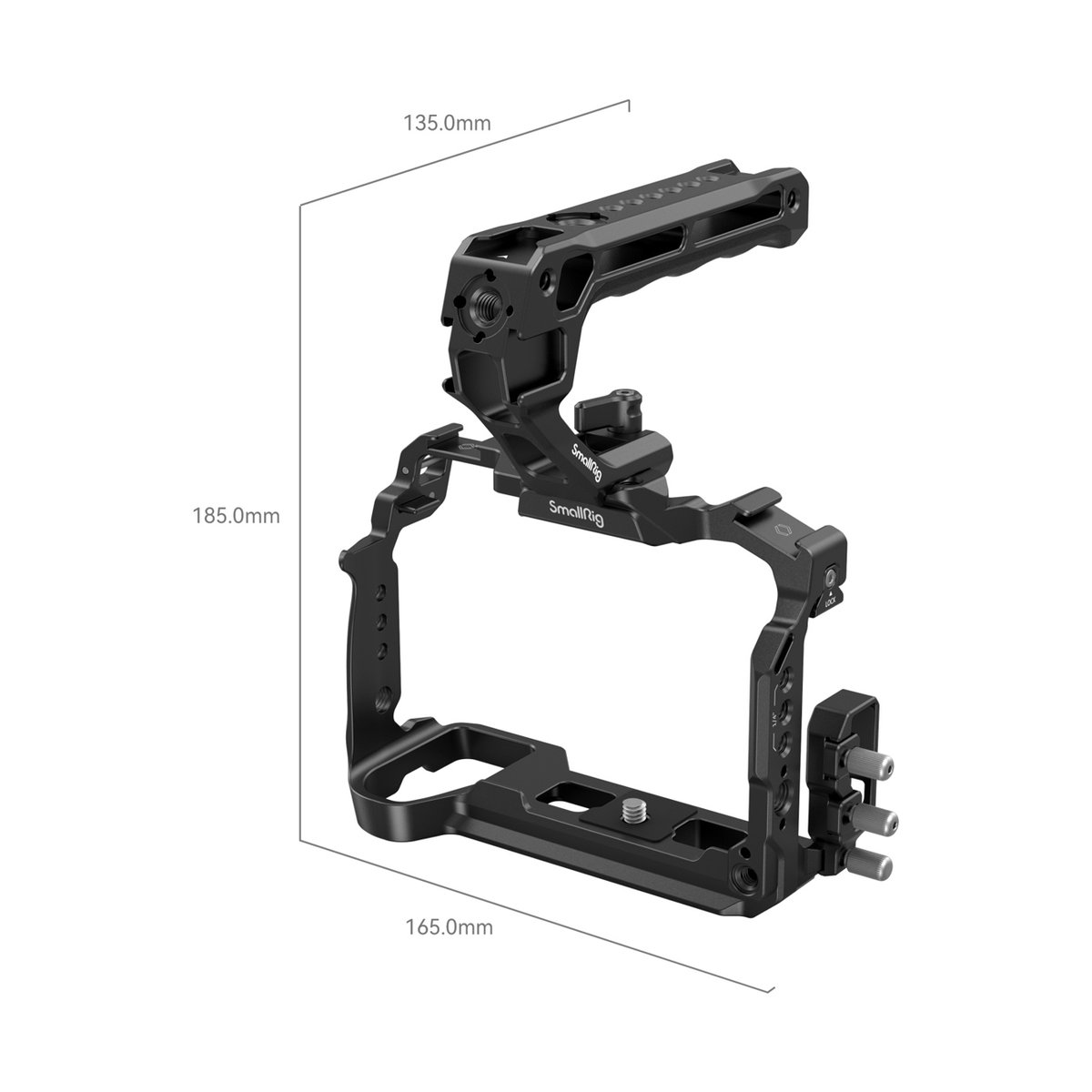 SmallRig 4143 Cage Kit für Panasonic Lumix G9 II / S5 II / S5 IIX - Schräge Ansicht des SmallRig Kamera-Cages mit Maßen