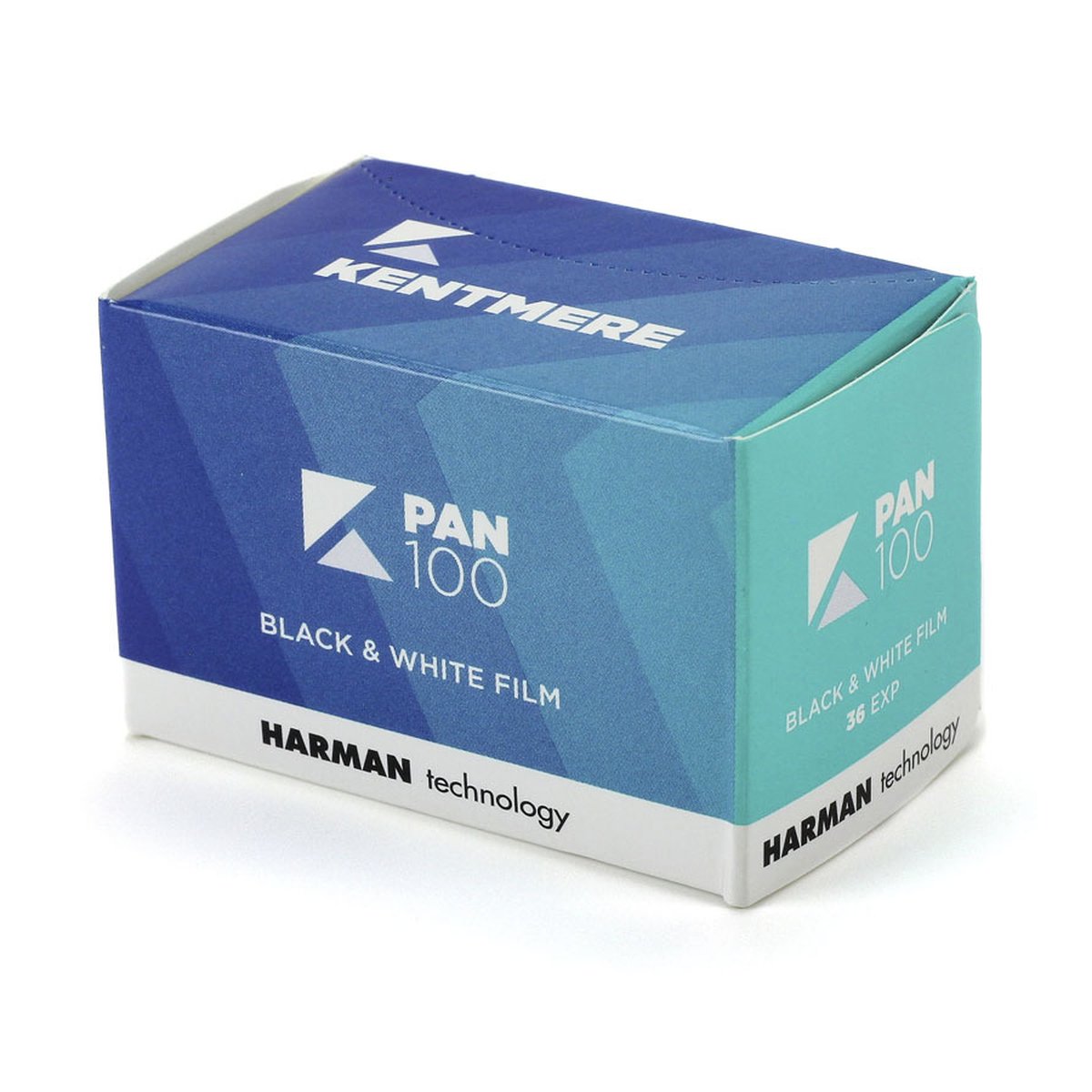 Kentmere Pan100 135/36 SW-Kleinbildfilm - Verpackung: Schrägansicht der Kentmere PAN 100 Schwarz-Weiß-Film Box