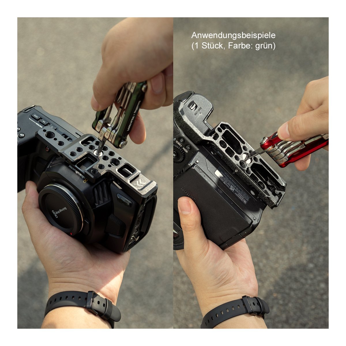 SmallRig x FILM RIOT 4814 10-in-1 Green Folding Wrench Set (Multiple Angle Pos.) - Anwendungsbeispiel: Multifunktionswerkzeug zur Montage von Kamerakäfig an Kamera.