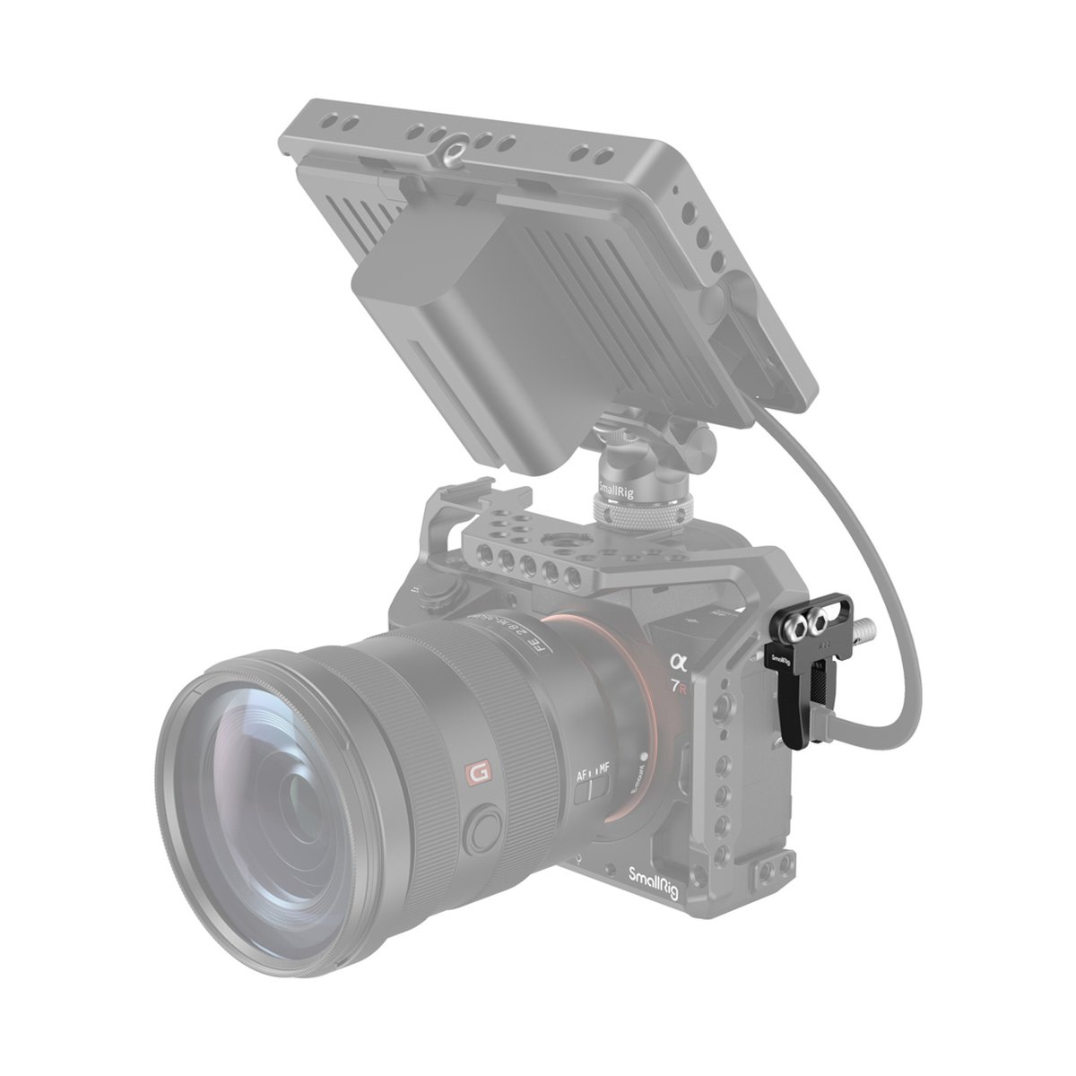 SmallRig 3637 HDMI Kabelklemme für Select Cages - Anwendungsbeispiel: Kamerarig mit SmallRig Cage, angeschlossenem Monitor und seitlicher Kabelklemme.