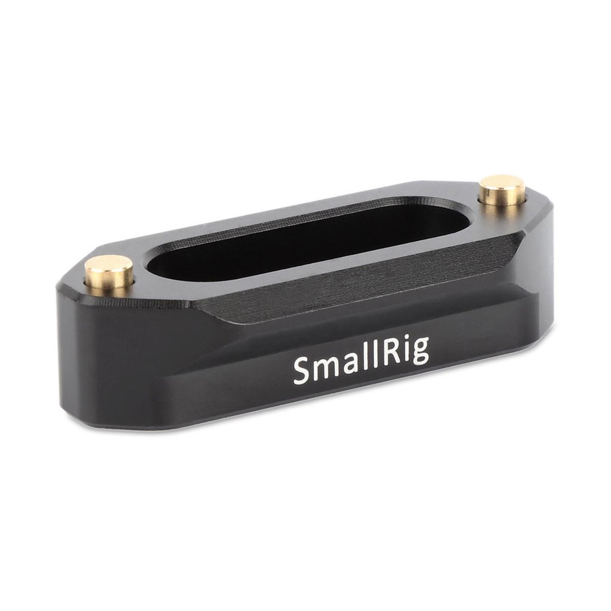 SmallRig 1409 Quick-Release NATO-Rail 46 mm mit Sicherheitsstift für Topgriff - Schwarzes SmallRig Zubehör, schräge Ansicht von oben, mit zwei goldenen Befestigungspunkten.