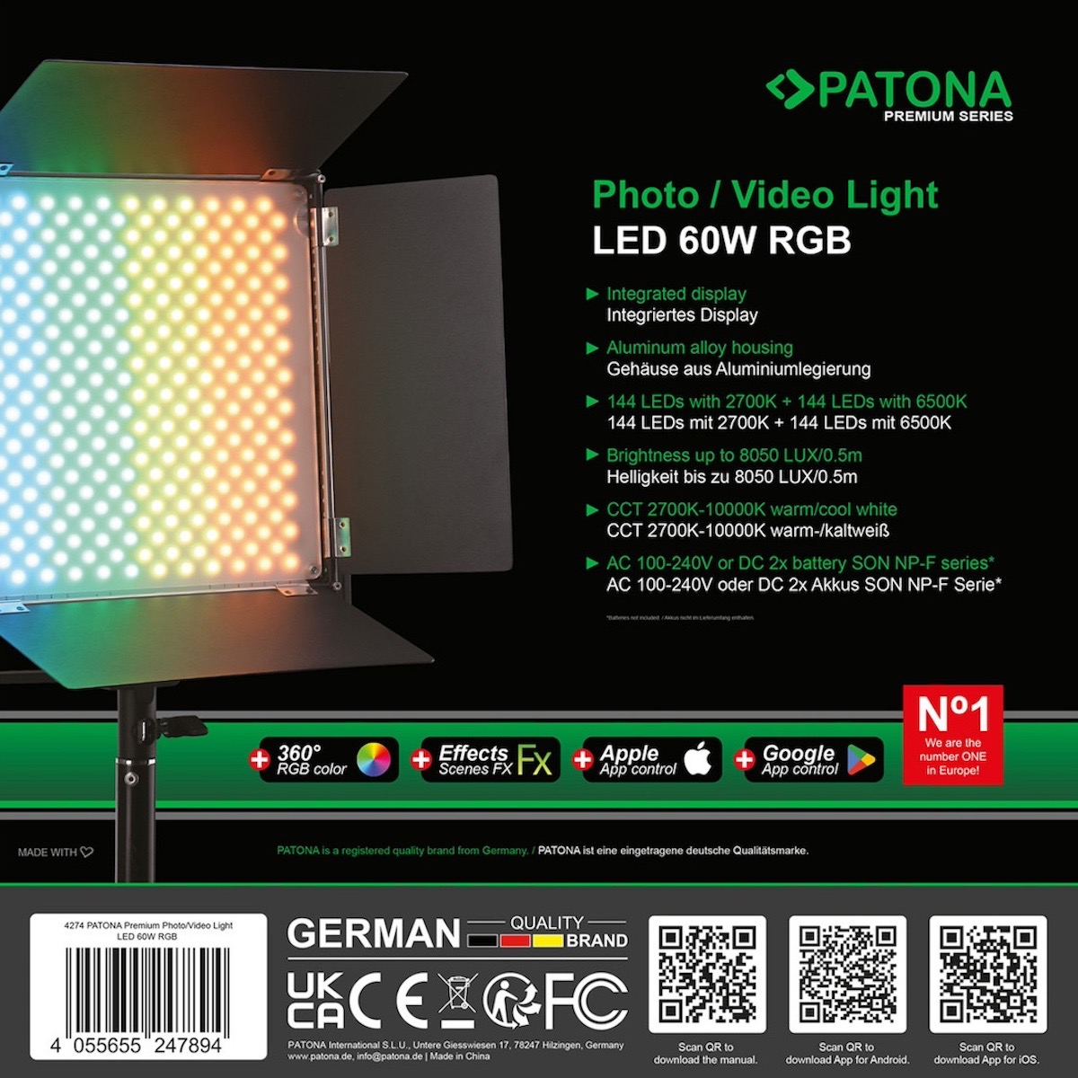 Patona Premium LED RGB Foto / Videolicht 60W