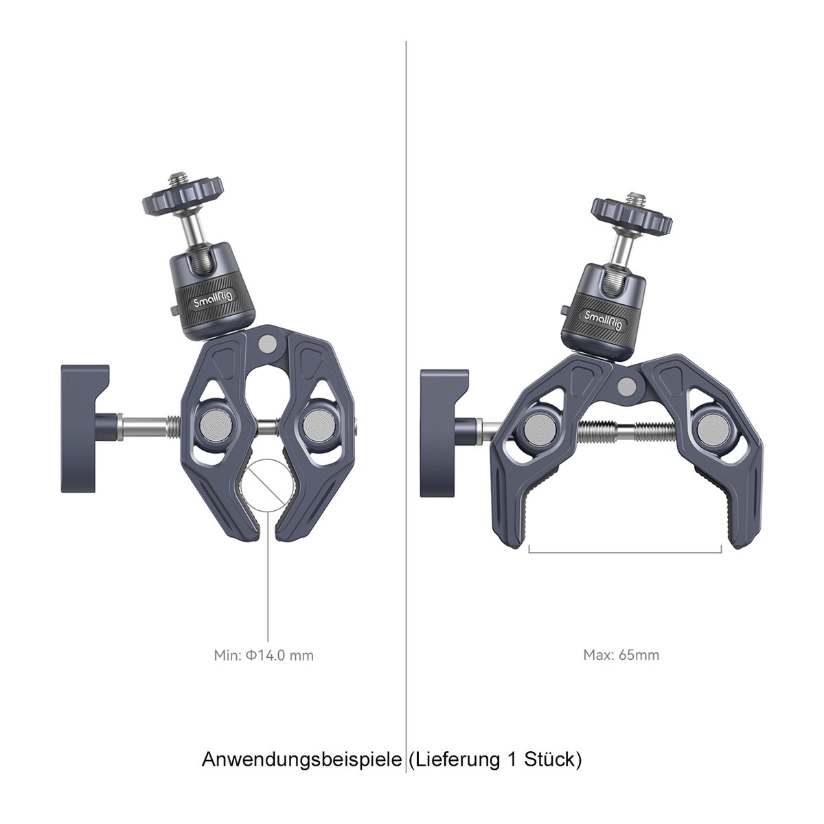 SmallRig 4102B Super Clamp mit 360° Kugelkopfhalterung für Action-Kameras - Detailansicht der Super Clamp Klemme: min. 14mm und max. 65mm Öffnungsweite
