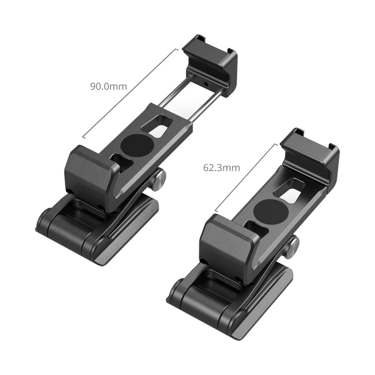 SmallRig 4611 Metal Phone Holder mit Arca Swiss Support - Maße der Smartphone-Halterung: ausgefahren (90mm) und zusammengeklappt (62.3mm)