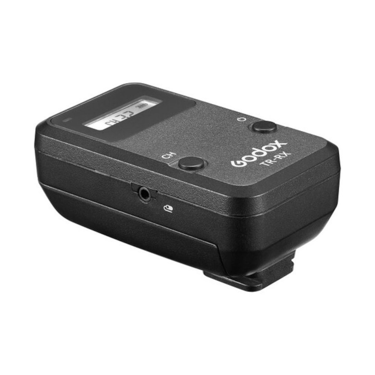 Godox Digital Timer Remote TR-N3 Nikon - Schräge Ansicht des Godox TR-RX Funkempfängers von oben: Display, Bedienelemente, seitlicher Anschluss und Blitzschuh.