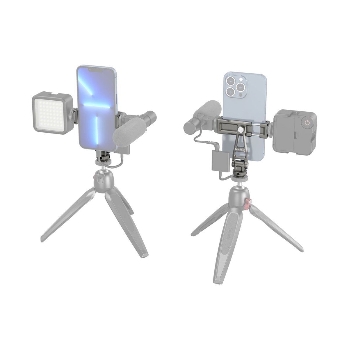 SmallRig 3559 Smartphone-Halterung multifunktional - Anwendungsbeispiele: Zwei Smartphone-Rigs mit Vlogging-Zubehör auf Stativ, Front- und Rückansicht