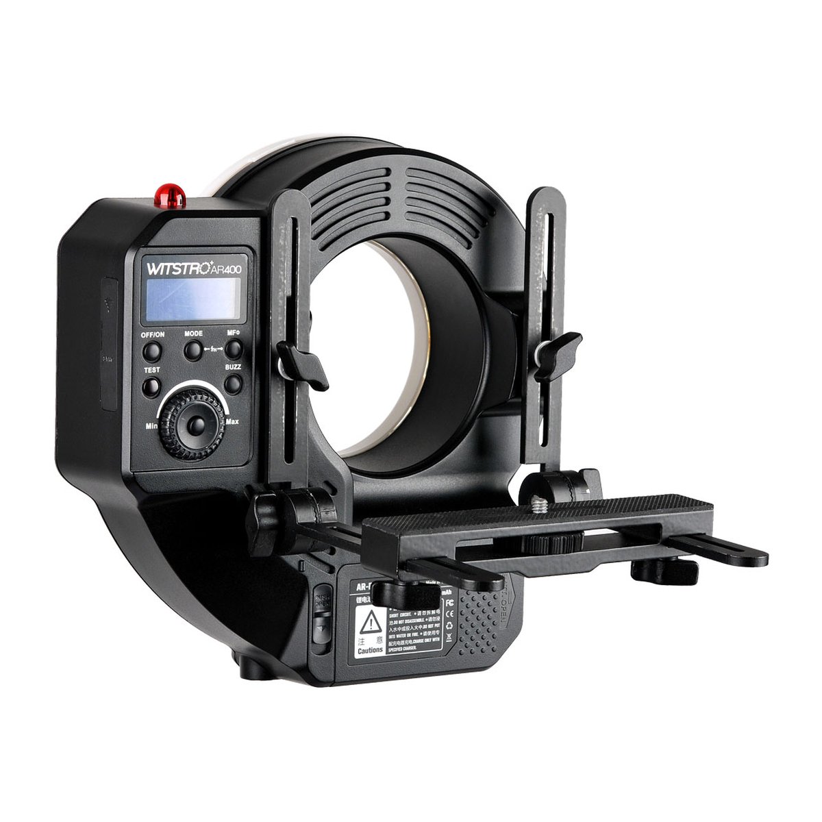 Godox Witstro AR400 (2020 Model) - Seitenansicht des Godox Witstro AR400 Ringblitzes mit Bedienfeld und Halterung