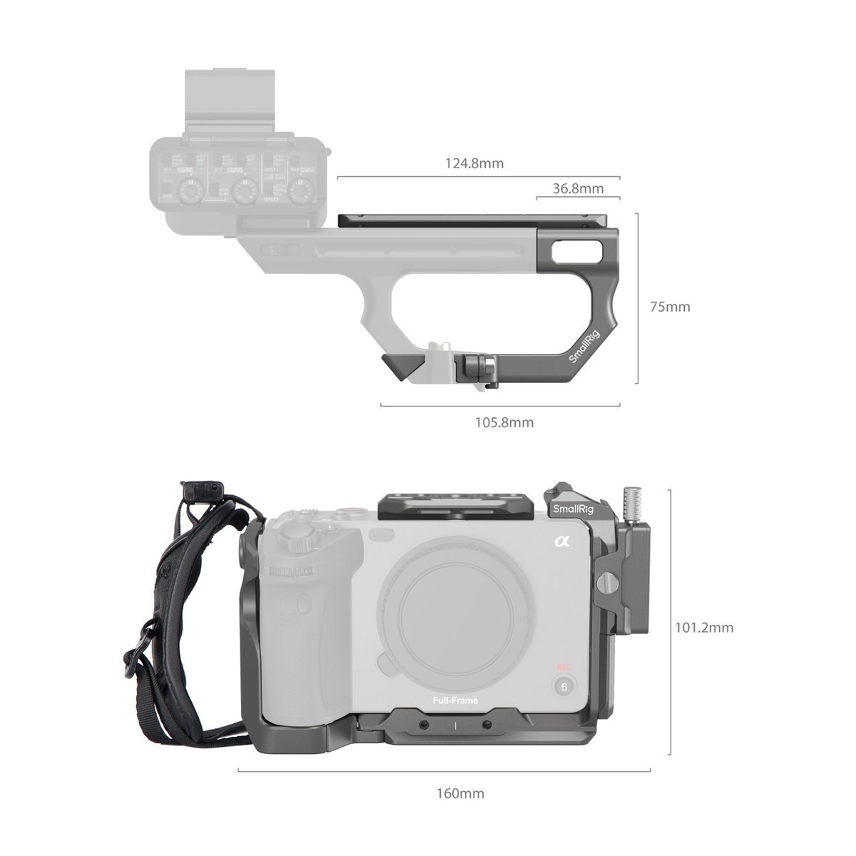 SmallRig 4771 HawkLock QR Advanced Cage Kit für Sony FX3 / FX30 - Abmessungen: SmallRig Kamera-Cage und Griff, separat und montiert an Kamerakontur gezeigt