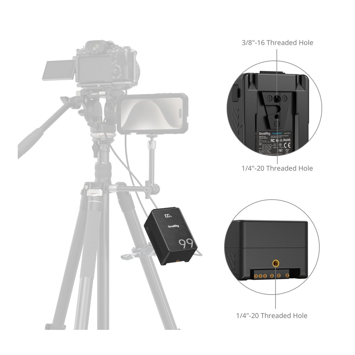 SmallRig 4608 VB99 SE mini V-Mount Akku - Anwendungsbeispiel des Produkts am Kamera-Rig mit Detailansichten der 3/8"-16 & 1/4"-20 Gewindebohrungen und Anschlüsse. SmallRig 4608 VB99 SE mini V-Mount Akku - Anwendungsbeispiel des Produkts am Kamera-Rig mit Detailansichten der 3/8"-16 & 1/4"-20 Gewindebohrungen und Anschlüsse.