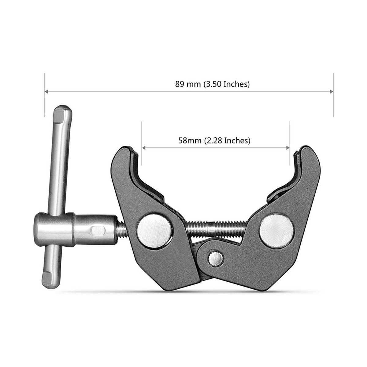 SmallRig 2058 Super Clamp mit 1/4" und 3/8" Gewinde (2 Stück) - Maße der Klemme: Seitenansicht mit 89mm Länge und 58mm Spannweite.