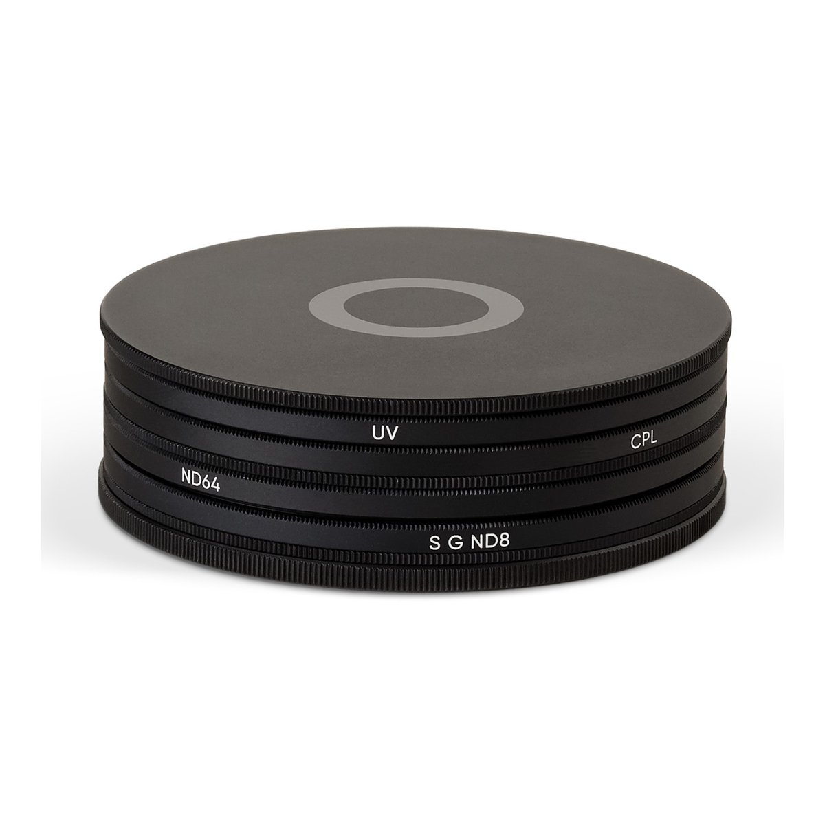 Urth 43mm UV, Circular Polarizing (CPL), ND64, Soft Grad ND8 Objektivfilter Kit (Plus+) - Lieferumfang: Vier schwarze Kamerafilter (UV, ND64, CPL, S GND8) als Stapel.