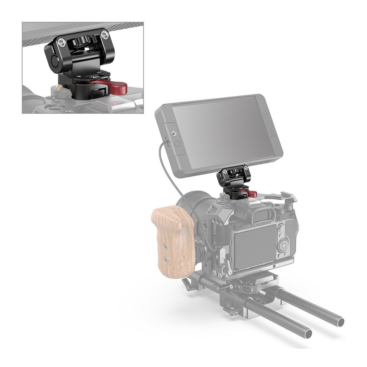 SmallRig 2100 DSLR-Monitorhalter mit NATO-Klemme - Anwendungsbeispiel des Monitorhalters an Kamerarig mit Detailansicht