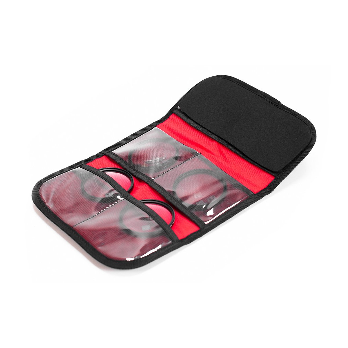 Caruba Filter Organizer Schwarz L - Innenansicht der Filtertasche mit roten Filtern