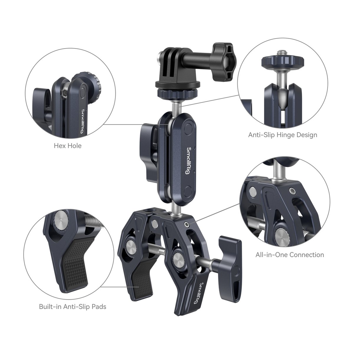 SmallRig 3757B Crab Shaped Clamp mit Kugelkopf Magic Arm - Detailansicht des Kamerahalters mit Beschriftungen der Hauptmerkmale wie Anti-Rutsch-Pads und Gelenkdesign.
