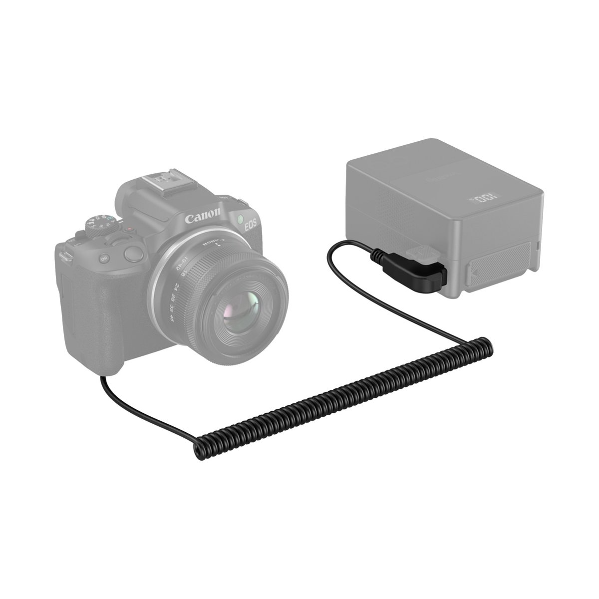 SmallRig 4252 D-Tap zu LP-E6NH Dummy Batterie Stromkabel (Canon) - Anwendungsbeispiel: Kamera verbunden mit externem Akku über Spiralkabel.