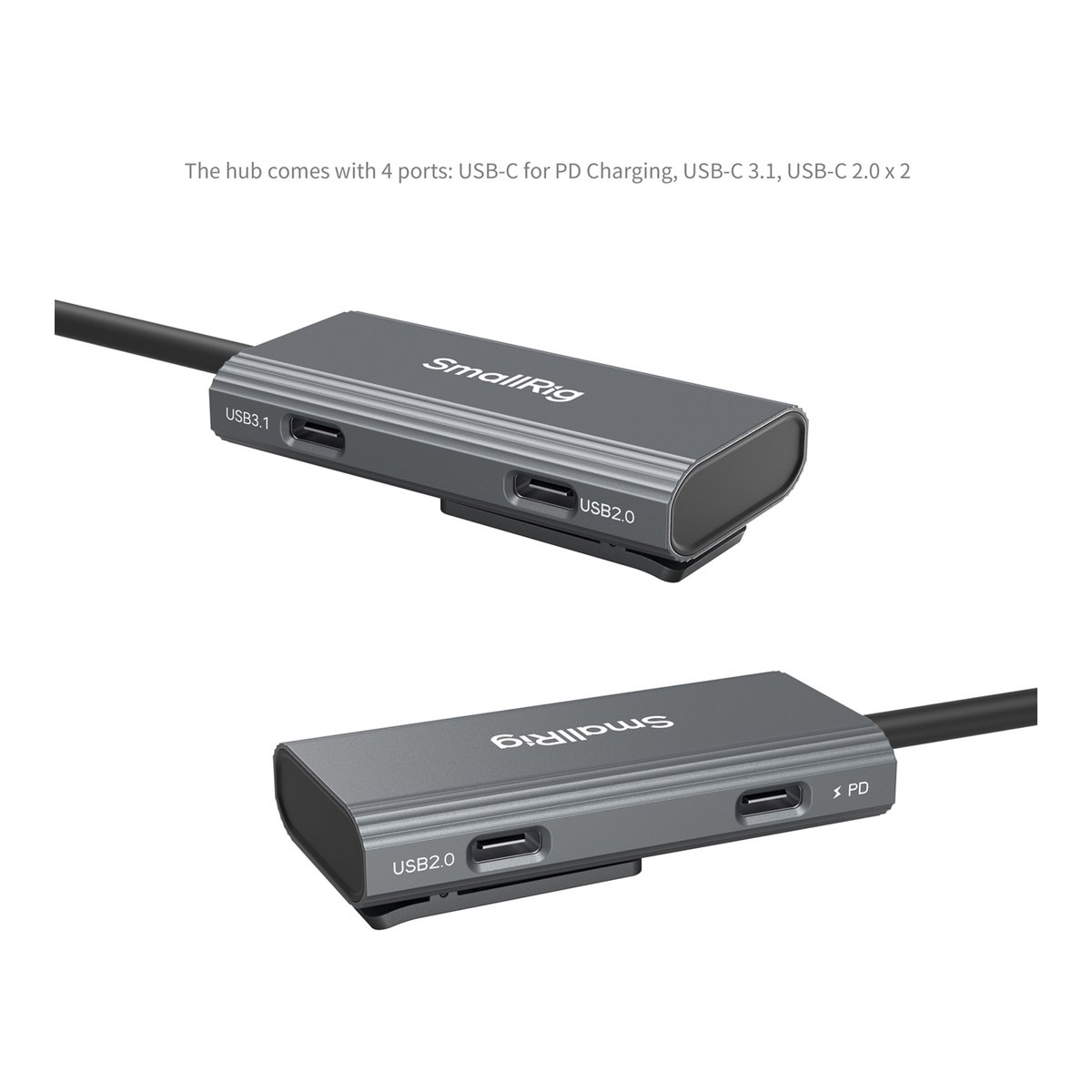 SmallRig 4598 USB-C Hub 4-in-1 PD 100W / USB-C 3.1/USB-C 2.0 mit Audio Adapter x2 - Detailansicht der Anschlüsse des SmallRig USB-Hubs: USB 3.1, 2x USB 2.0, USB-C PD.