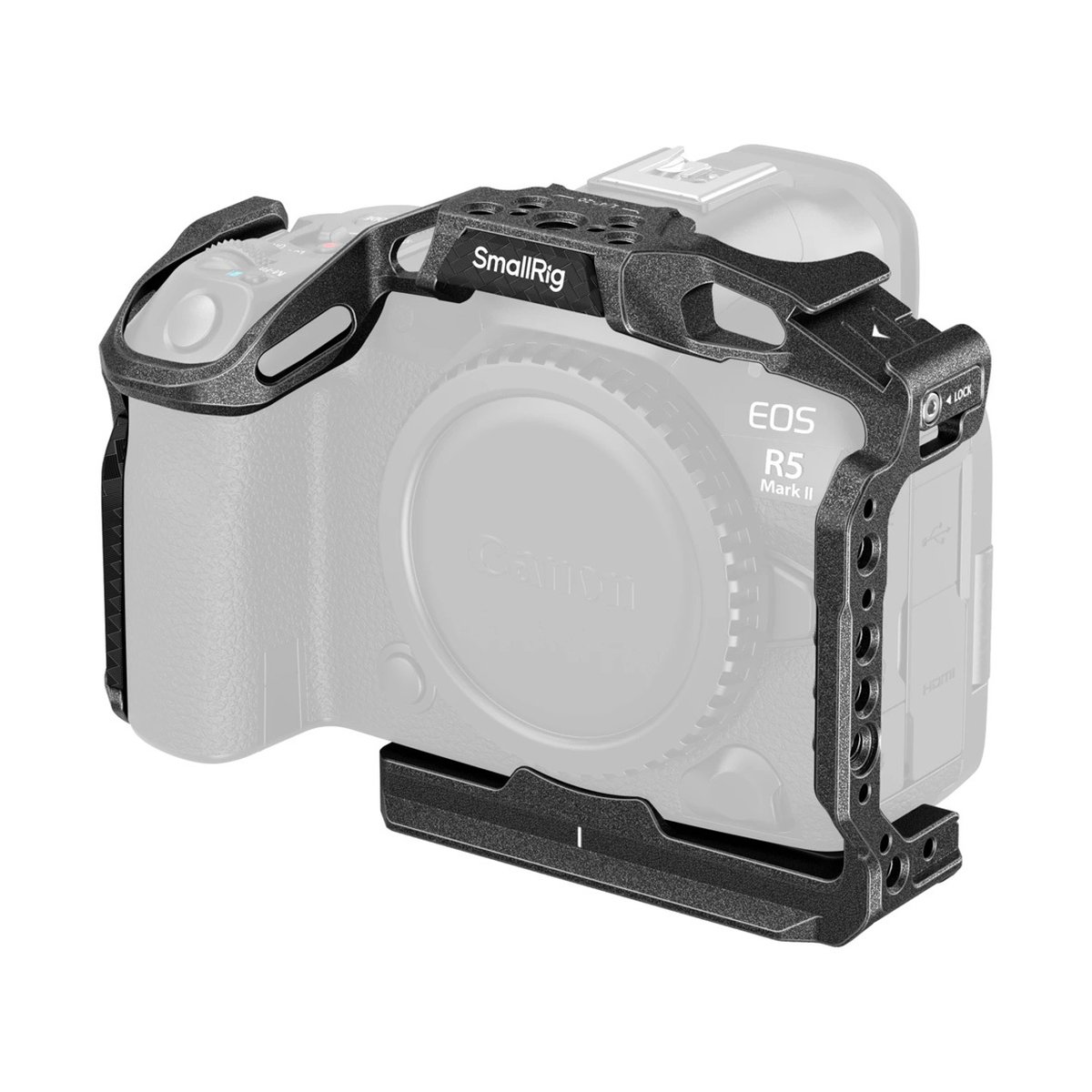 SmallRig 4975 Black Mamba Cage f. Canon EOS R5 II - Rückansicht des SmallRig Kamera-Cages an einer Canon EOS R5 Mark II Kamera. SmallRig 4975 Black Mamba Cage f. Canon EOS R5 II - Rückansicht des SmallRig Kamera-Cages an einer Canon EOS R5 Mark II Kamera.
