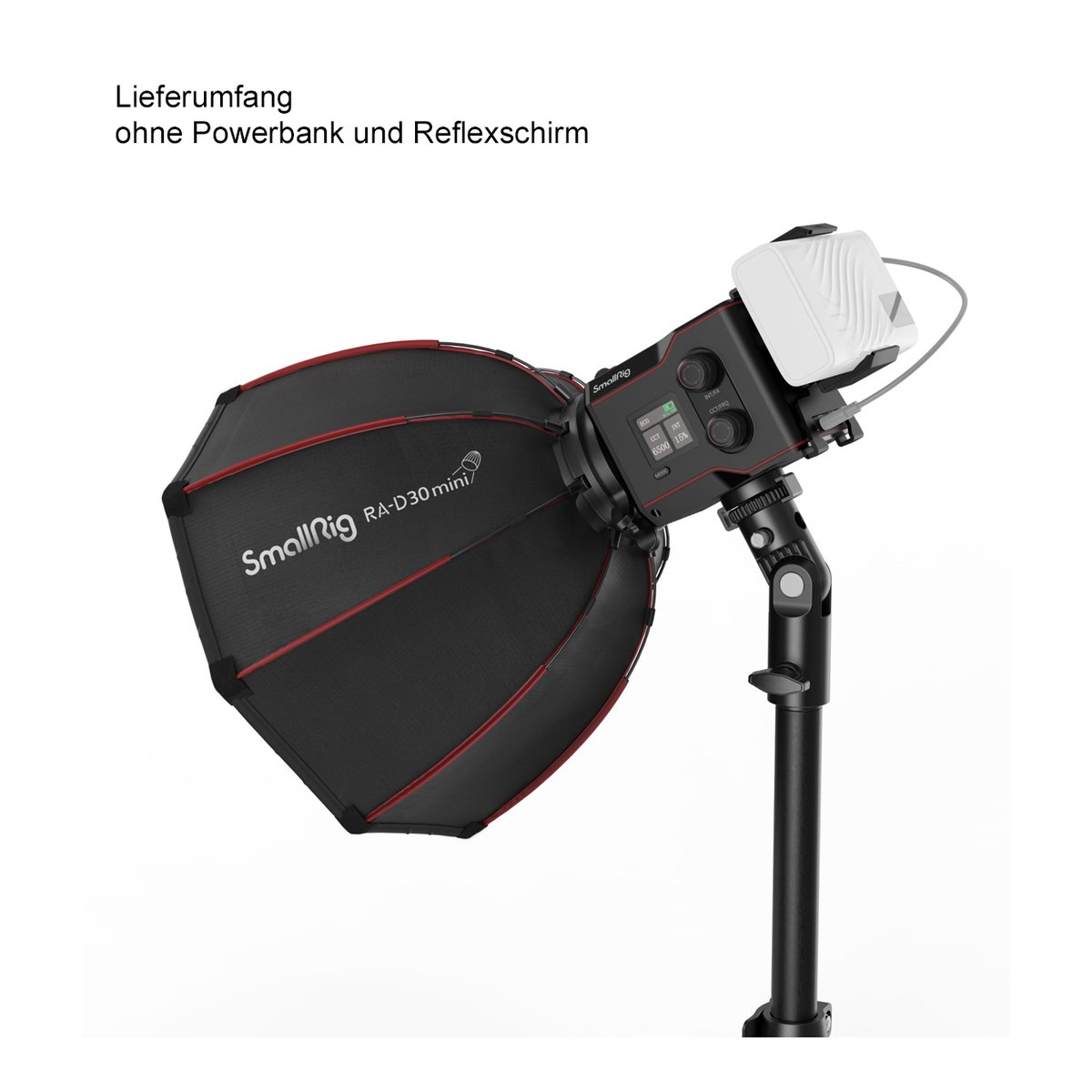 SmallRig 4376 RC 60B Bi-Color LED-Videoleuchte - Lieferumfang: SmallRig Leuchte mit RA-D30 mini Softbox auf Stativ